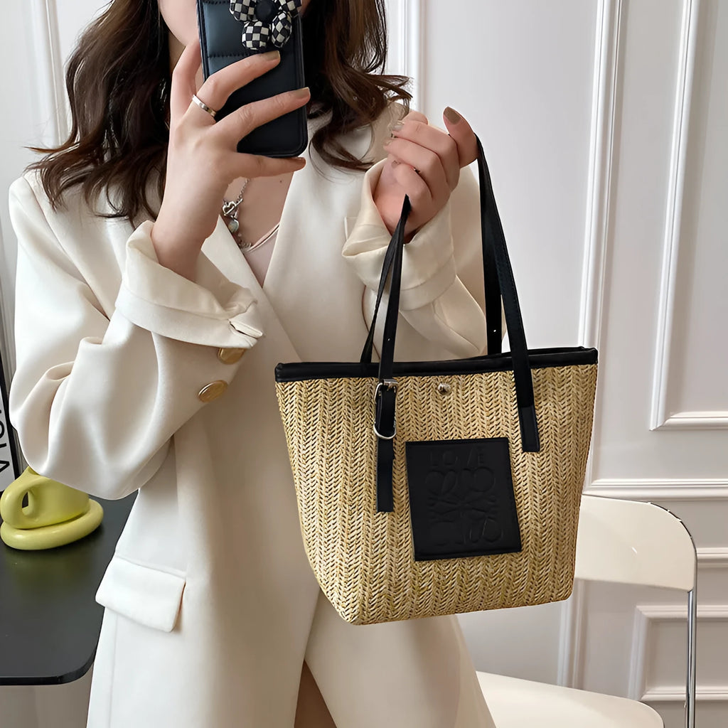 Women's straw woven shoulder bag in European retro style with large capacity and soft straw PU material