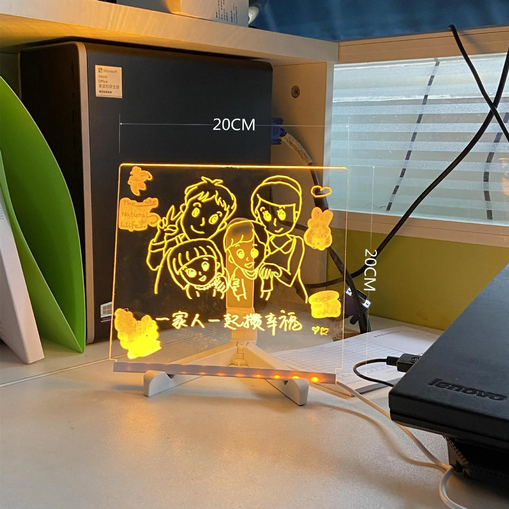 Acrylic DIY message board LED night light with pens on transparent writing panel