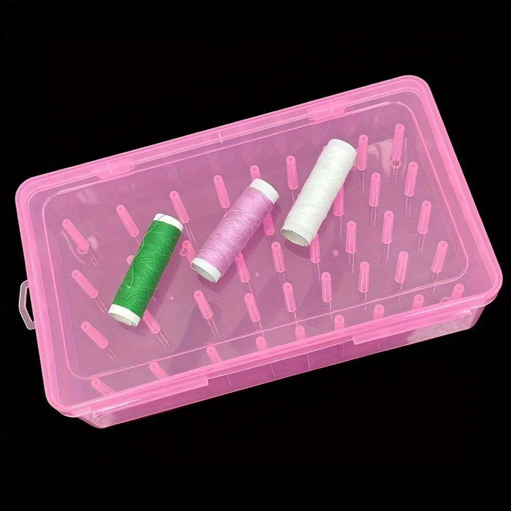 Plastic sewing storage box with 42 compartments for threads, in transparent, pink, or blue.