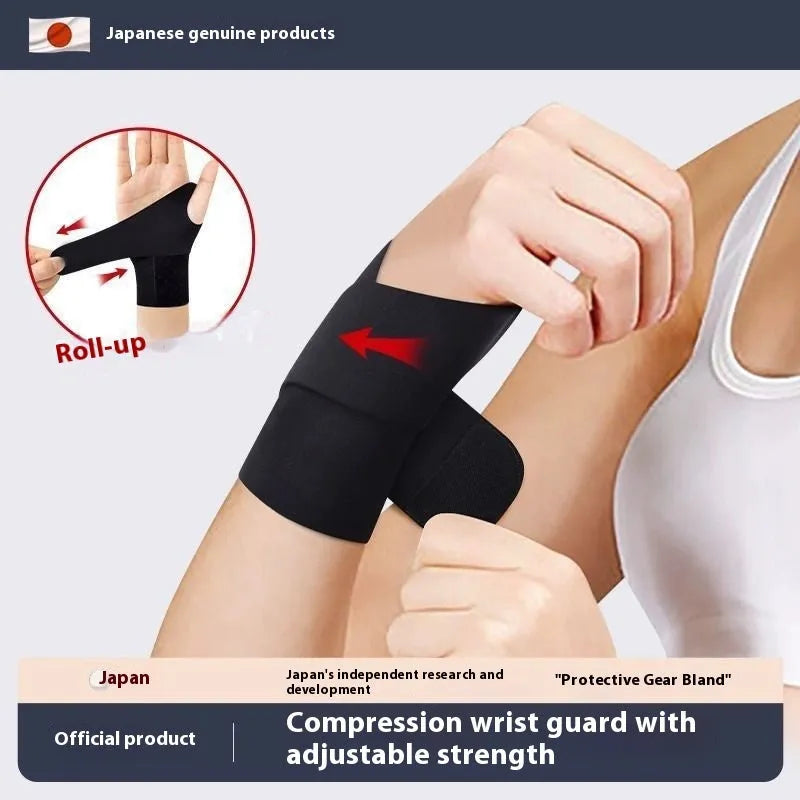 Adjustable athletic wristguard in black on a wrist, showing Velcro strap closure.