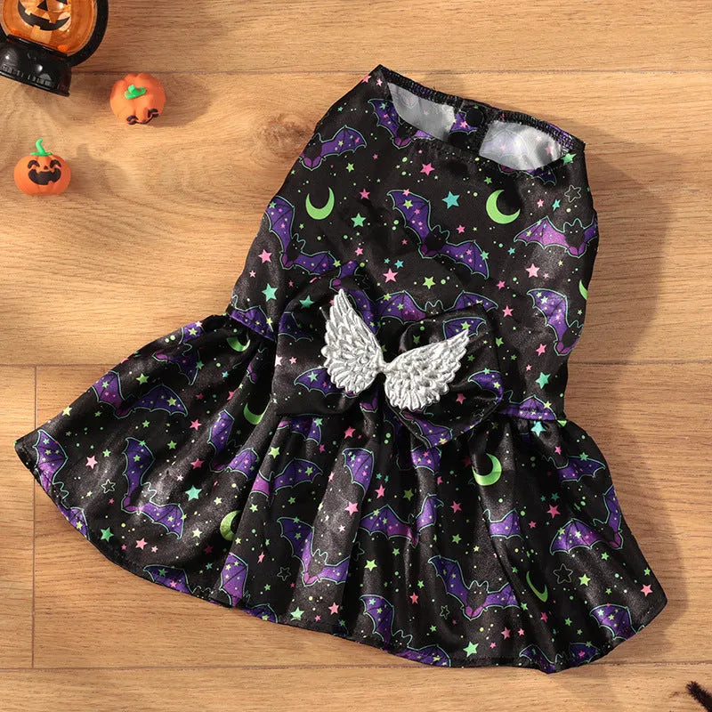 Halloween dog costume with angel wings in bright pumpkin or bat pattern for pet dress-up