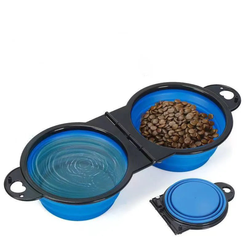 Silicone folding double pet bowl set in various colours showing unfolded feeding position
