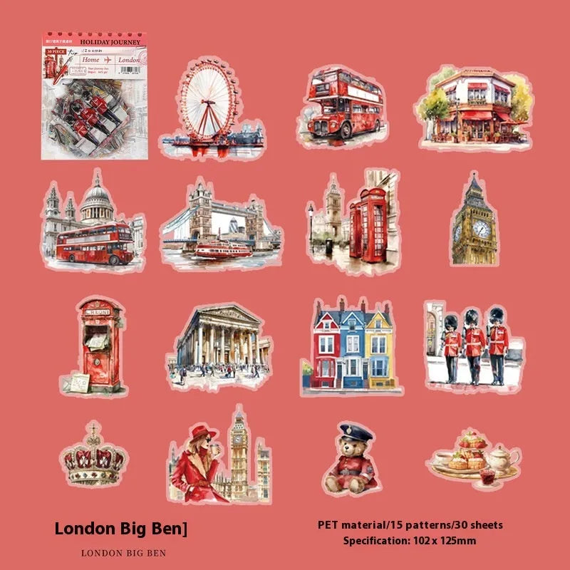 Holiday Journey series architecture journal stickers showing six landmark designs