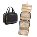 Pink and black waterproof hanging cosmetic storage bag with dimensions 30.5cm by 11cm by 22.9cm