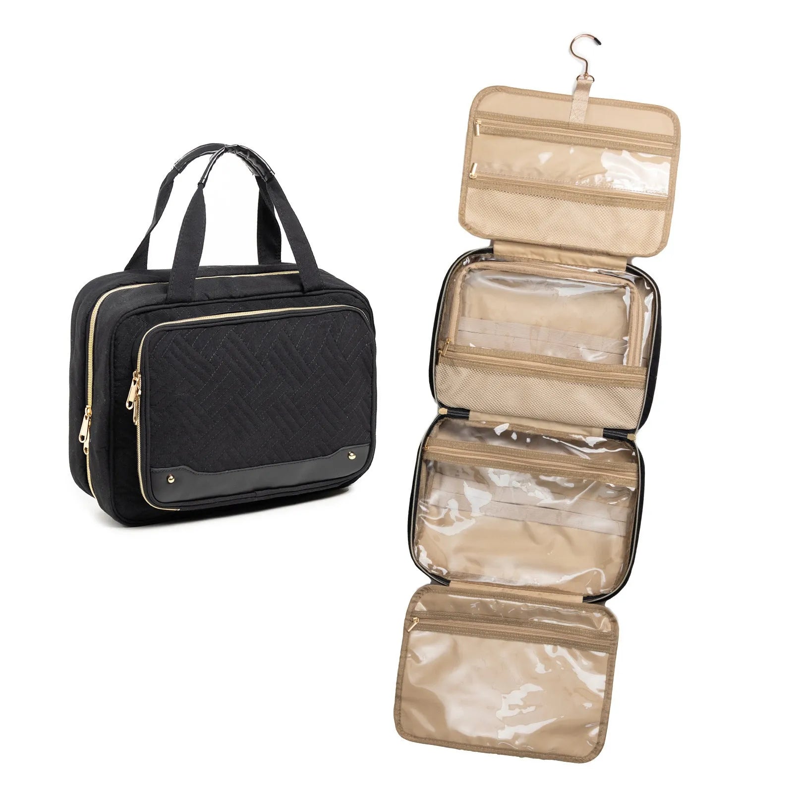 Pink and black waterproof hanging cosmetic storage bag with dimensions 30.5cm by 11cm by 22.9cm