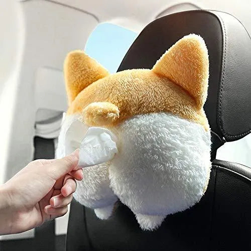 Yellow corgi butt shaped tissue box cover with elastic strap for car visor mounting