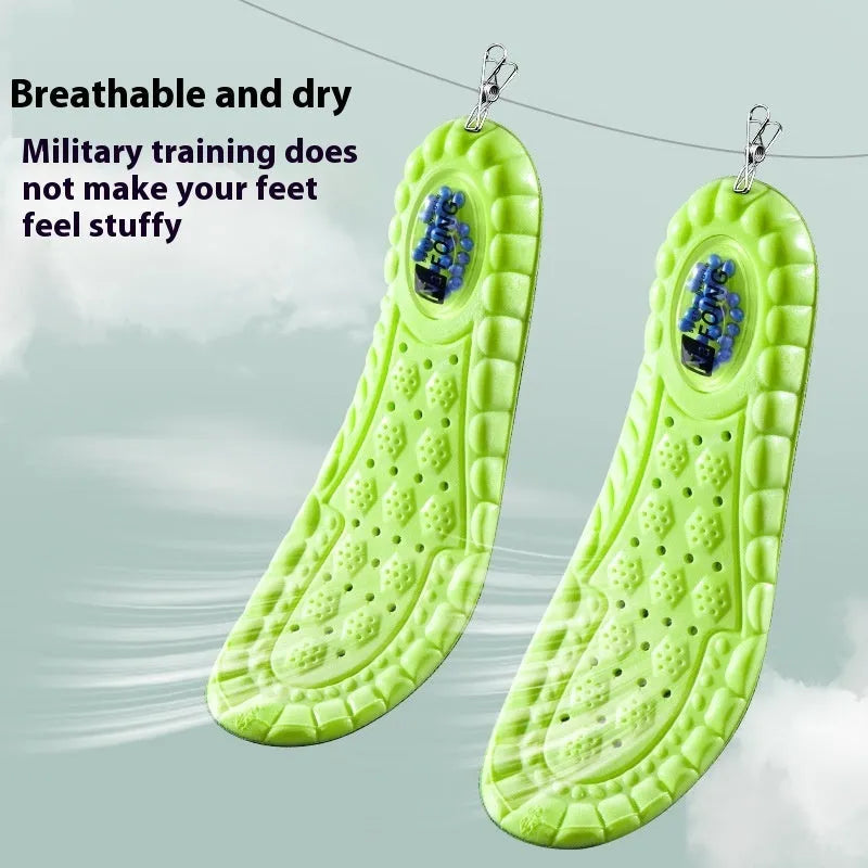 Green PU sports insoles with argy wormwood, shown with size guide for ranges 35-46.