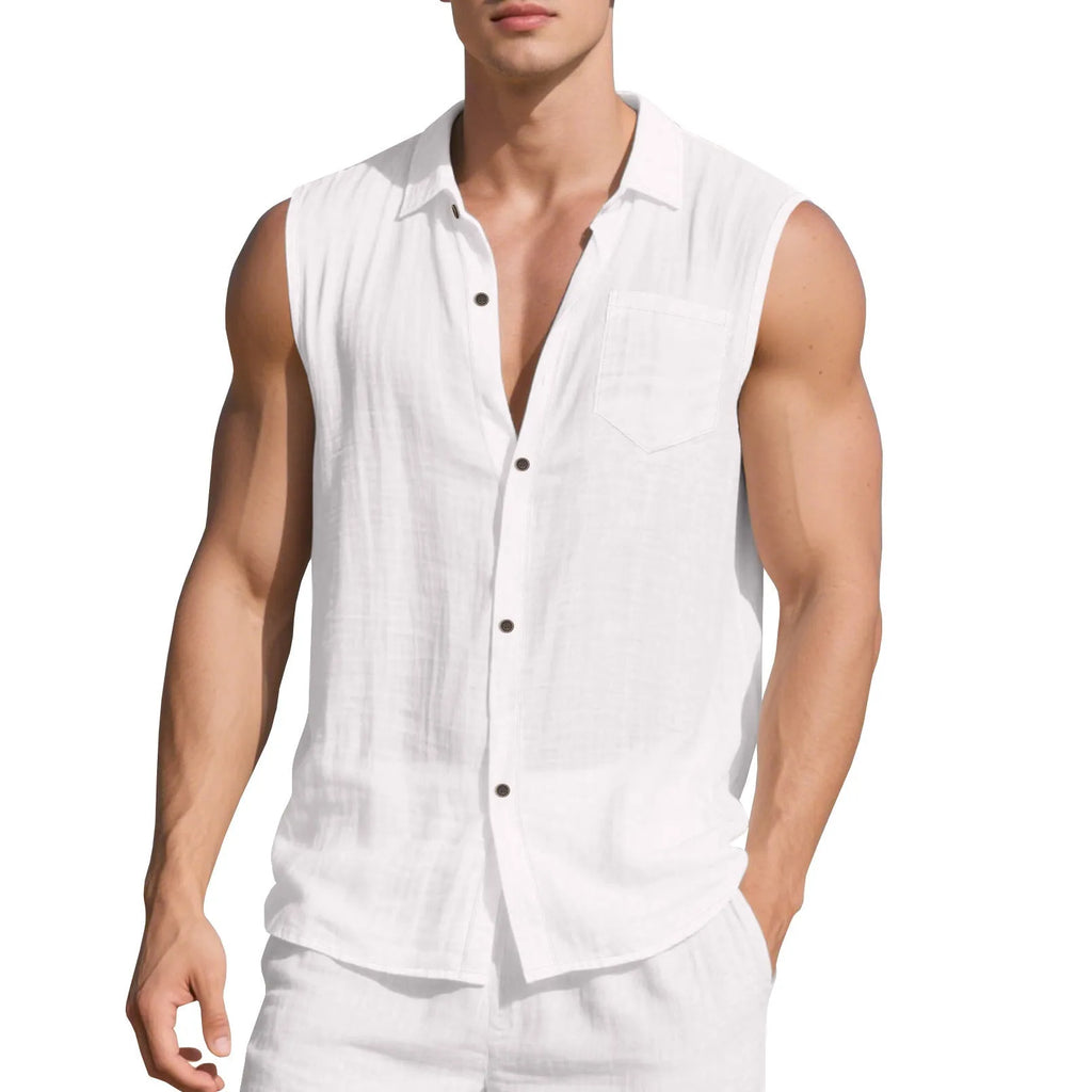 Men's sleeveless linen cardigan vest with polo collar in light blue colour showing loose fit design