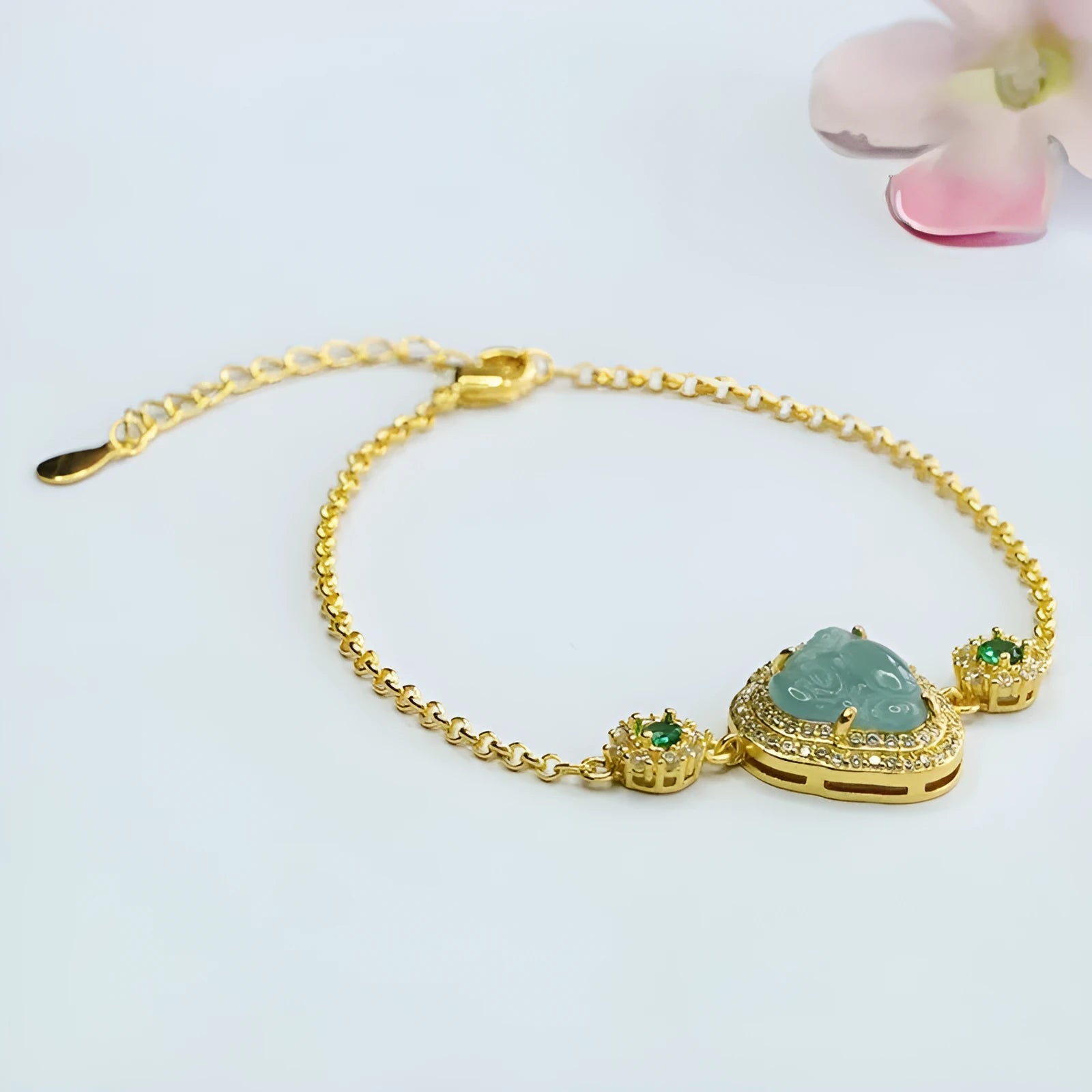 Emerald blue water Maitreya Buddha jade bracelet for women, showing inlaid pendant detail.
