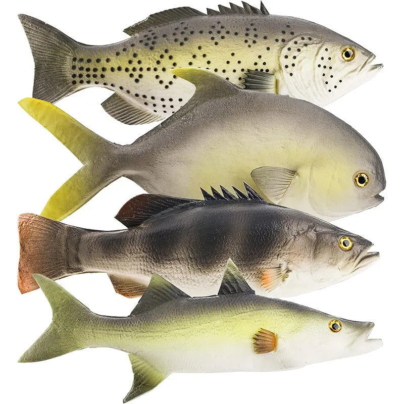 PU simulated fish ornament set showing yellow-fin tuna, flower fish, small tuna and yellow croaker ocean animal models