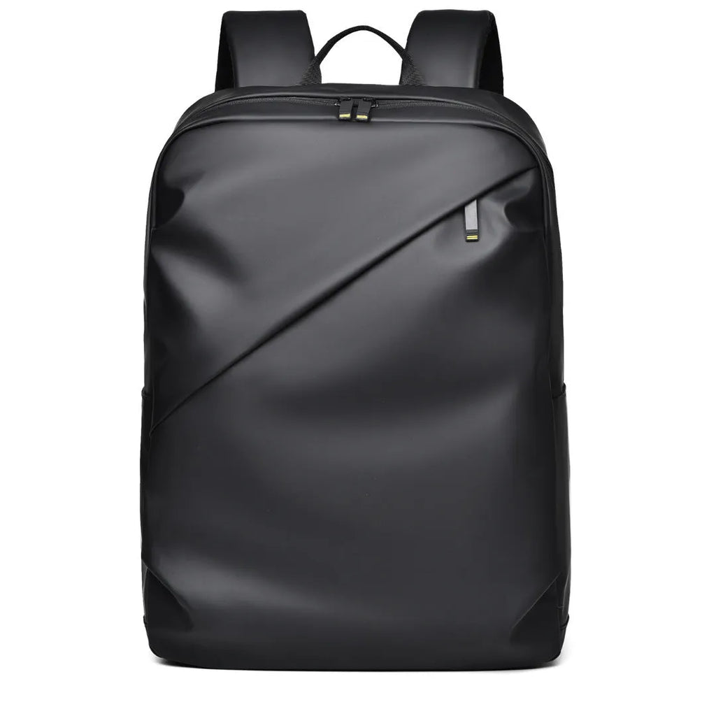 Large black waterproof PU leather backpack for men with simple design and sewing thread details.