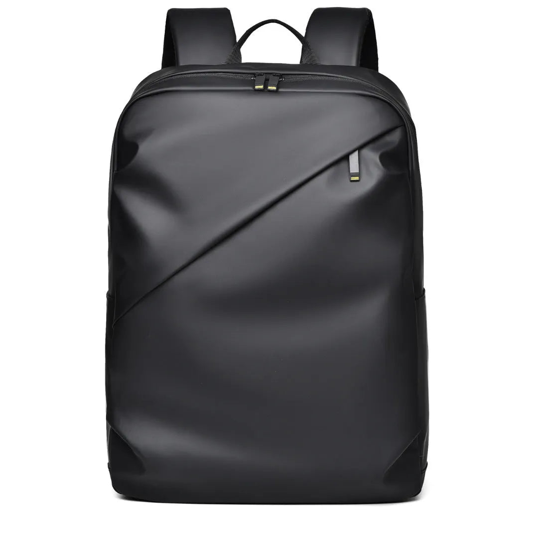 Large black waterproof PU leather backpack for men with simple design and sewing thread details.
