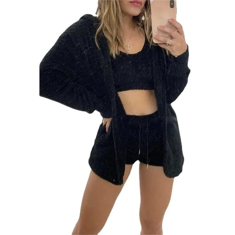 Women's three-piece fashion casual suit coat vest shorts solid colour street style collage stitching