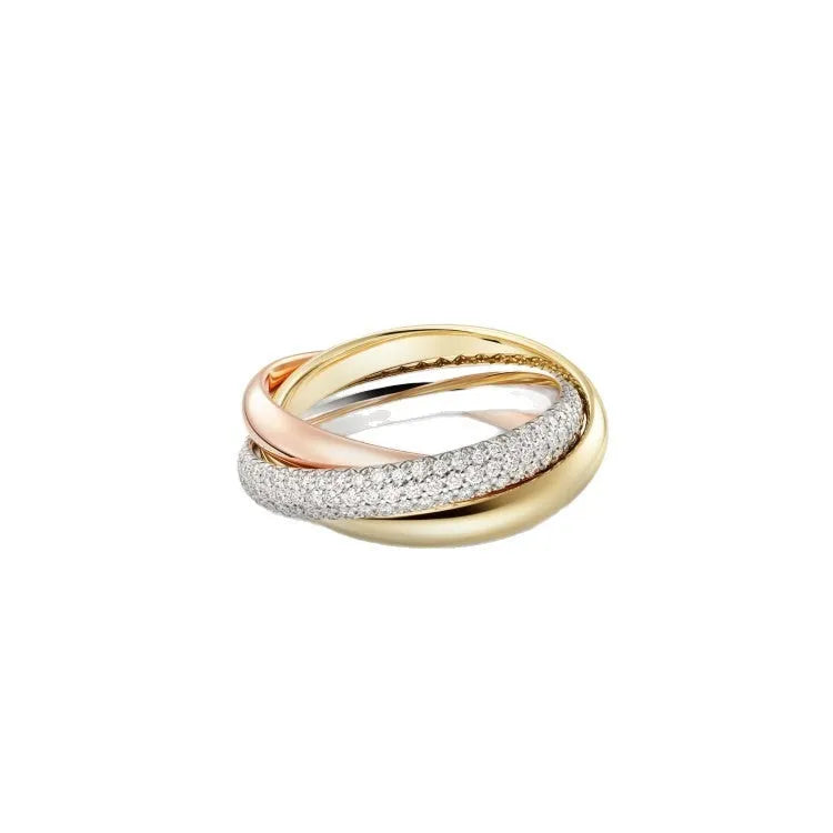 Sterling silver couple ring with full diamond setting and U-shaped geometric design on a finger.