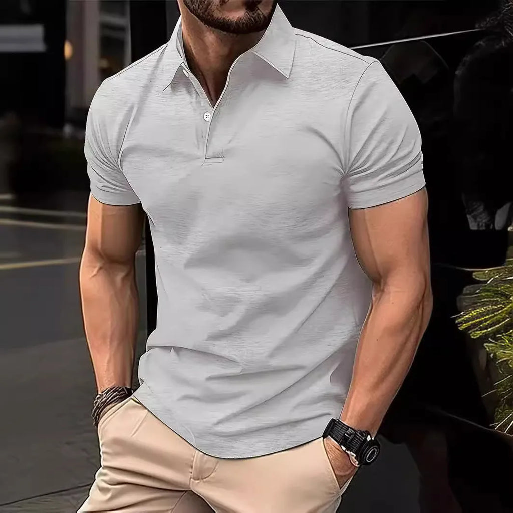 Men's slim fit casual short sleeve button-down shirt in a solid colour.