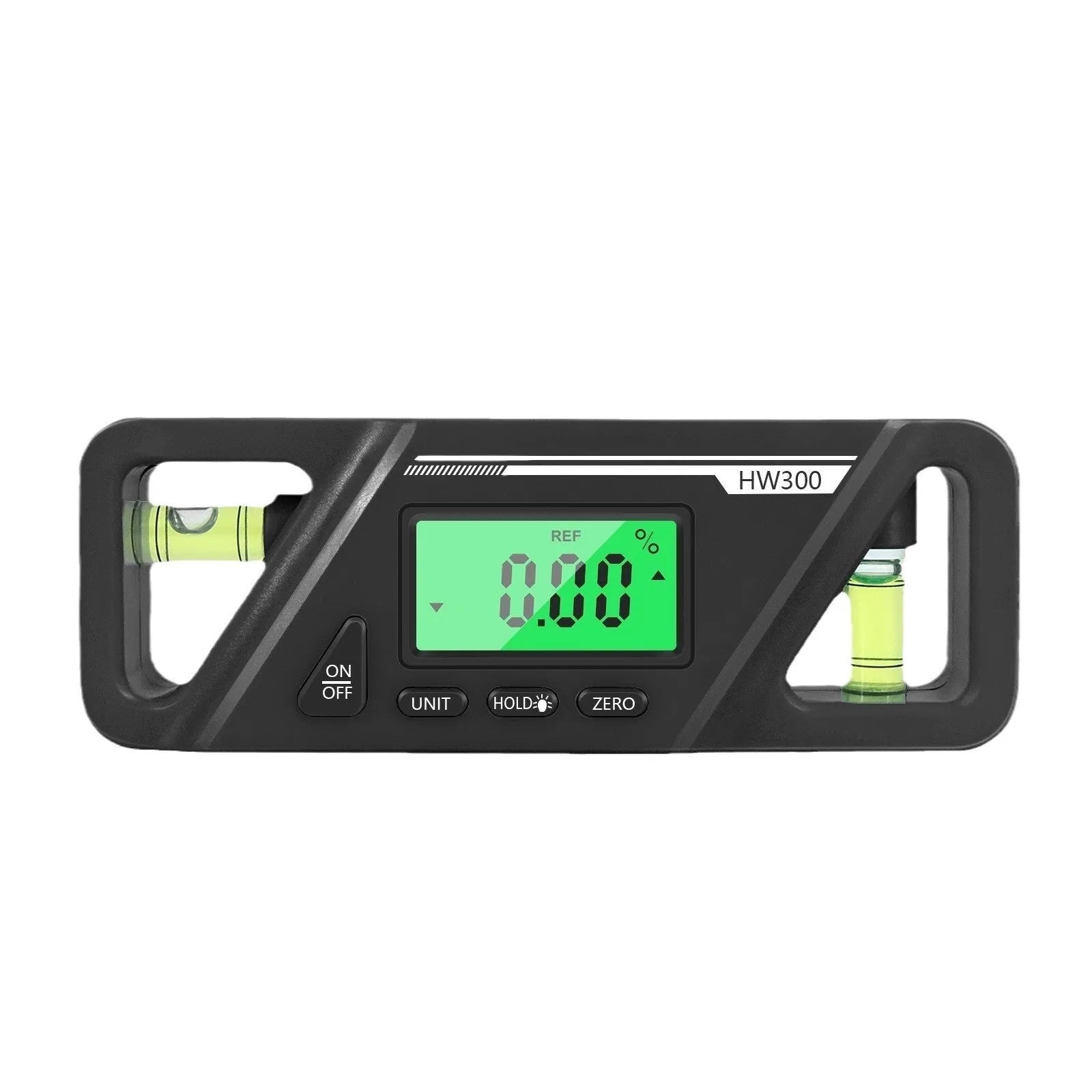 HW300 digital inclinometer with magnetic base and LCD display showing an angle reading.