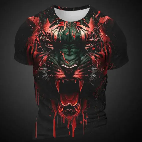 Close-up of a men's grey T-shirt featuring a detailed 3D digital print of a tiger's face on the chest.