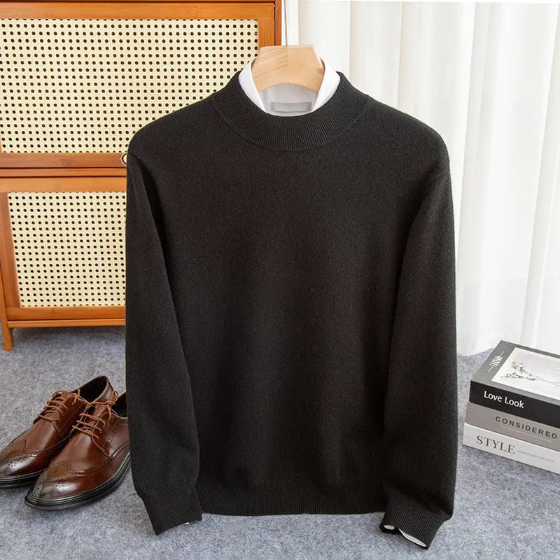 Men's loose fit half-collar sweater in chunky wool knit, shown in camel colour.