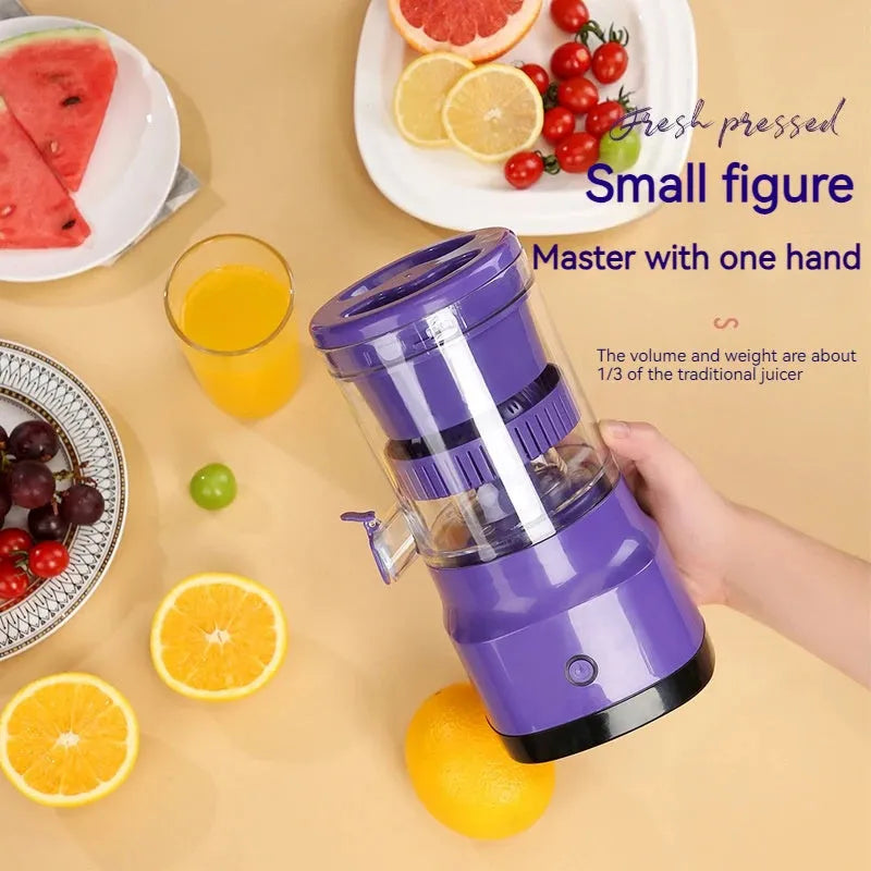 Purple USB rechargeable electric citrus juicer with detachable cone and pulp filter.