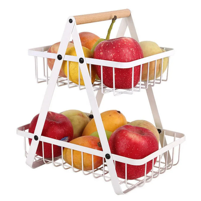 Black iron fruit basket with wooden handle showing detachable double-layer structure