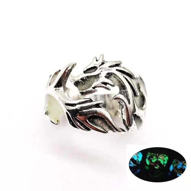 Adjustable metal ring with a luminous Chinese dragon pattern in antique silver blue and green.