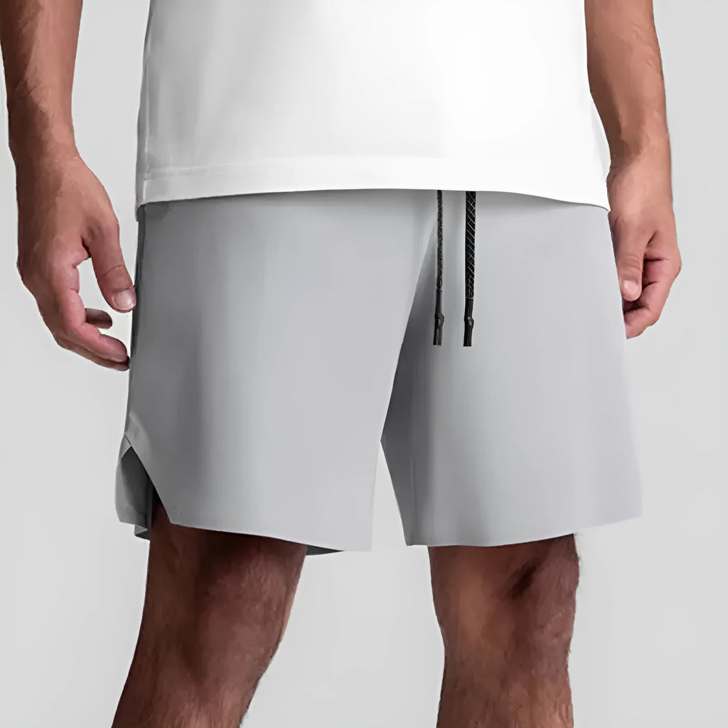 Men's gray seamless quick-dry sport shorts with a straight knee-length cut