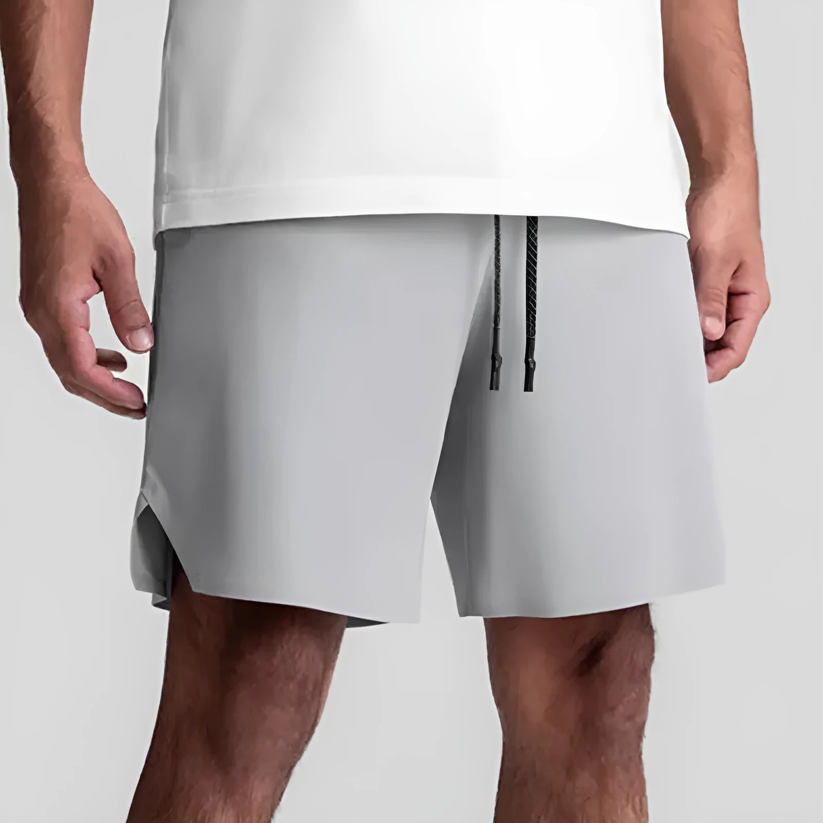 Men's gray seamless quick-dry sport shorts with a straight knee-length cut