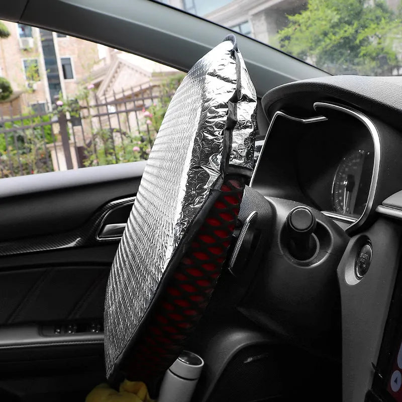 Car steering wheel sunshade cover in aluminium foil with brand LOGO pattern for universal fit heat protection
