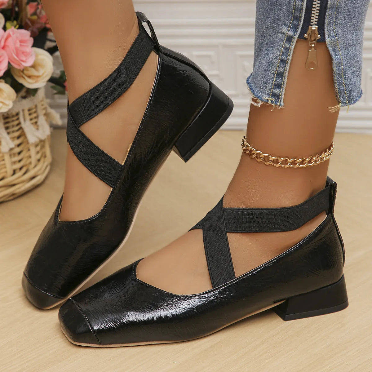Gold low heel slip-on pump with square toe, shown as a French style evening shoe cover.