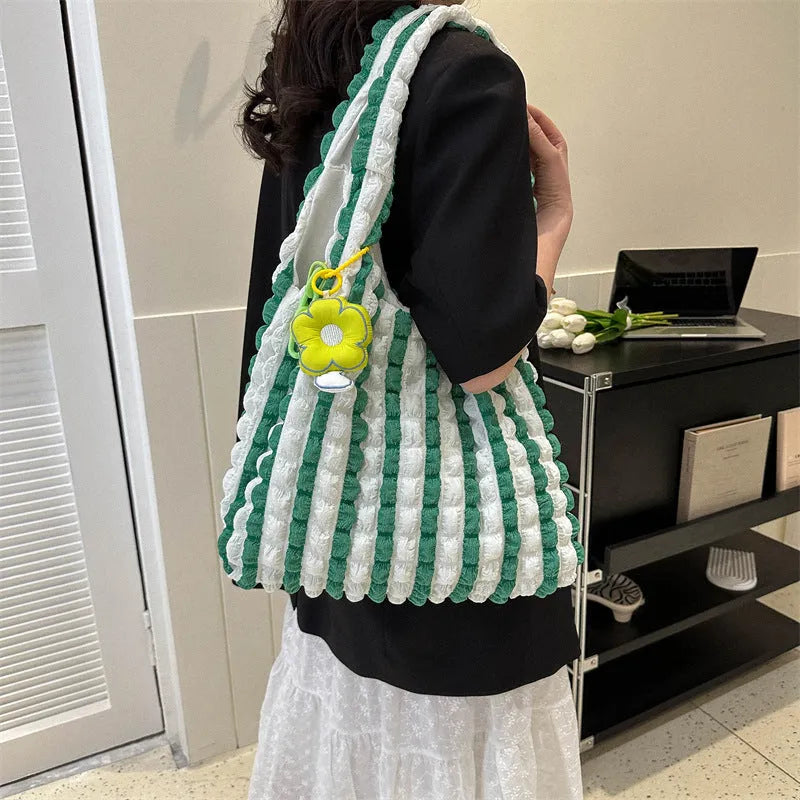 Women's soft pleated bubble shoulder bag in square vertical design with detachable pendant charm