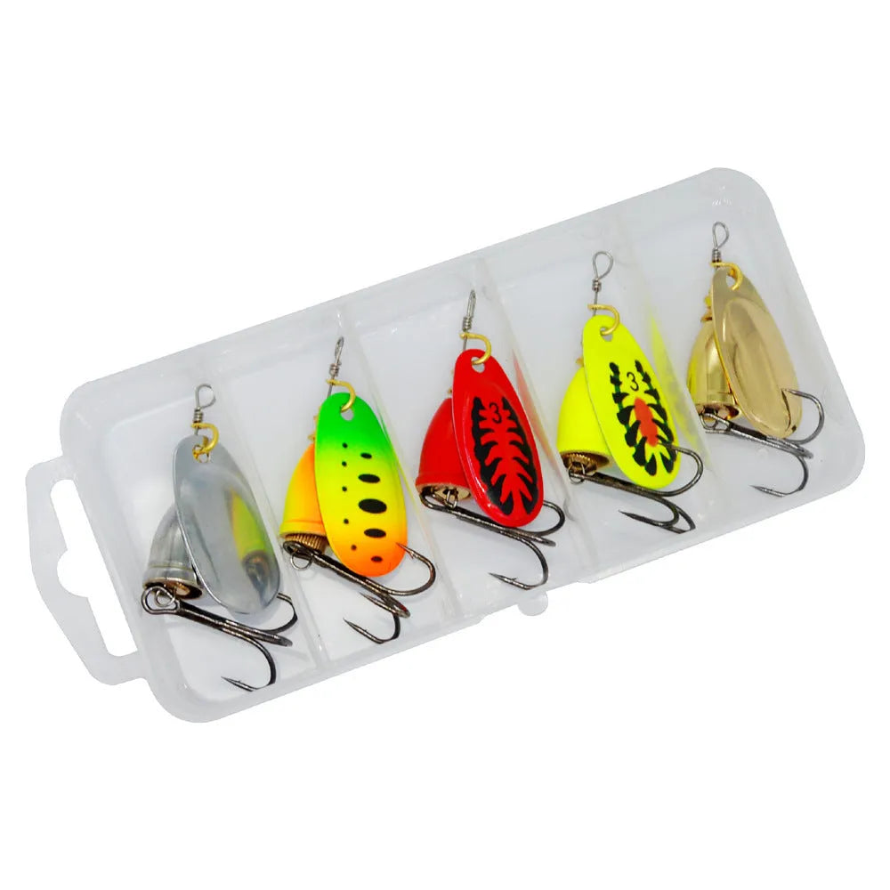 R Composite Rotating Sequins Copper Bell metal fishing lure in multiple colour options on a blue background.