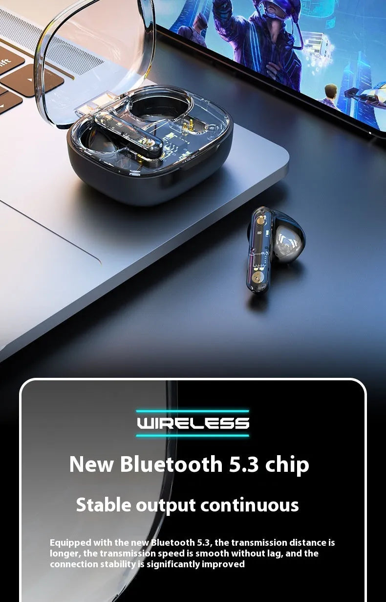 Translucent Bluetooth headset in clear ABS plastic with in-ear fit and charging case
