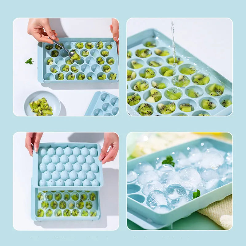 Sky blue round ball ice cube mould with 18 spherical cavities on a kitchen counter