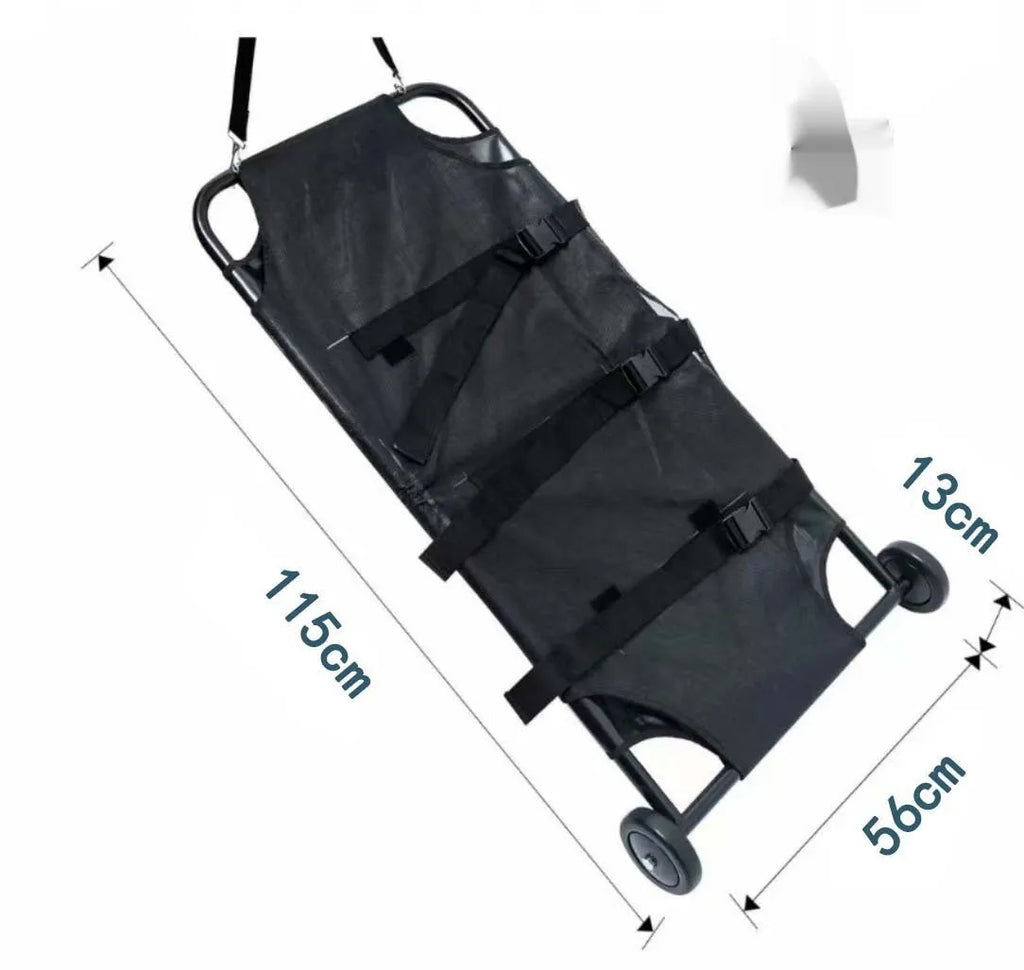 Black foldable aluminium alloy pet stretcher shown folded and unfolded, for large dog transport.