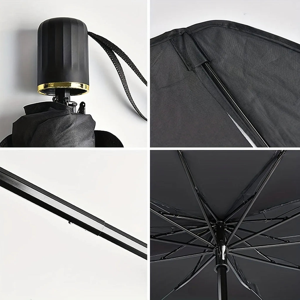 Foldable car windshield sunshade umbrella showing automatic folding mechanism and UV protection