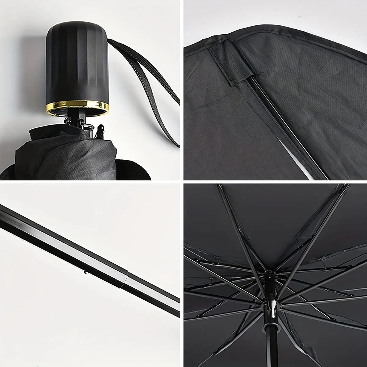 Foldable car windshield sunshade umbrella showing automatic folding mechanism and UV protection