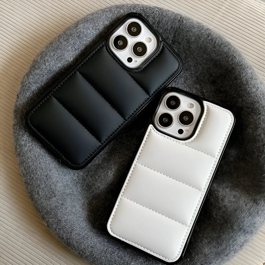Candy Down Jacket Shape Phone Case for iPhone in black, white, rose red, or green showing puffer texture and dual-material build.