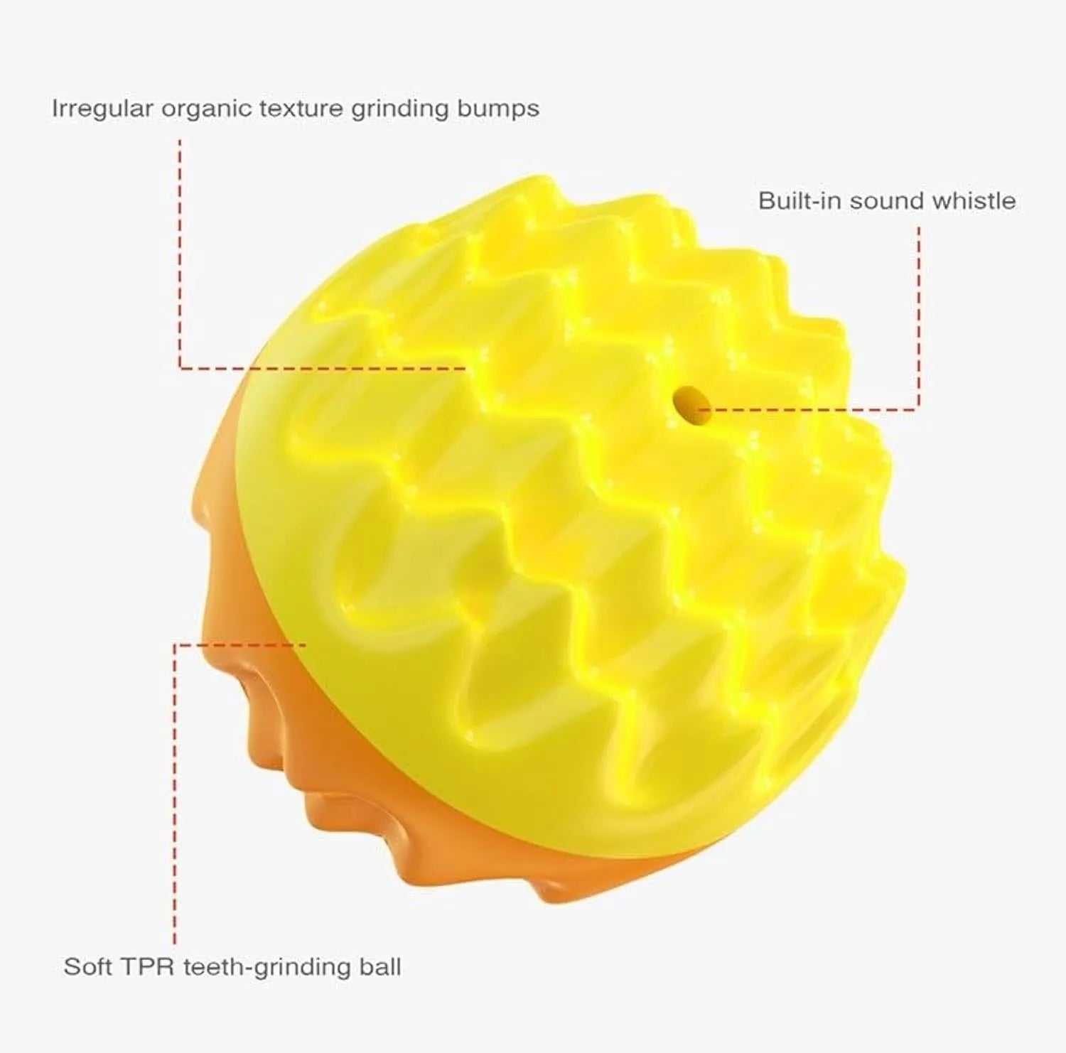 Blue or orange durable rubber dog ball with spiky cleaning bumps and squeaker for aggressive chewers