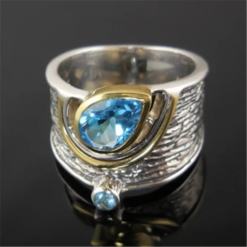 Blue rhinestone Chinese style women's ring with drop shape design and inlaid zircon elements