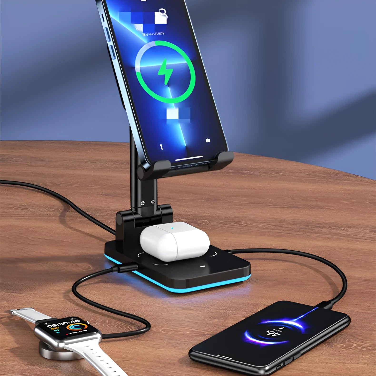 Black and white desktop mobile phone stand with wireless charging capability