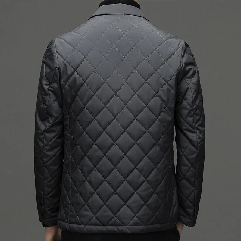 Men's black lapel-style down jacket with side pockets shown in cardigan design