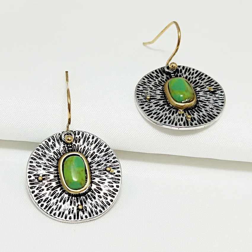 Retro turquoise and antique silver colour separation alloy earrings with electroplated finish