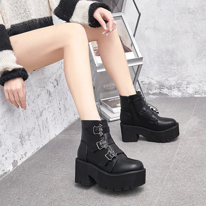 Black women's punk bat buckle gothic ankle boots with side zipper and thick heel