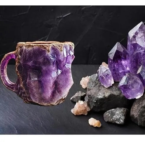 Purple resin mineral crystal coffee mug with handle showing 3D texture and 10cm height