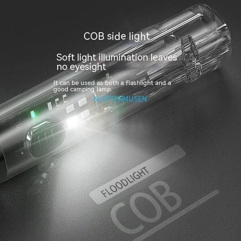 Black plastic portable outdoor flashlight with USB charging cable.