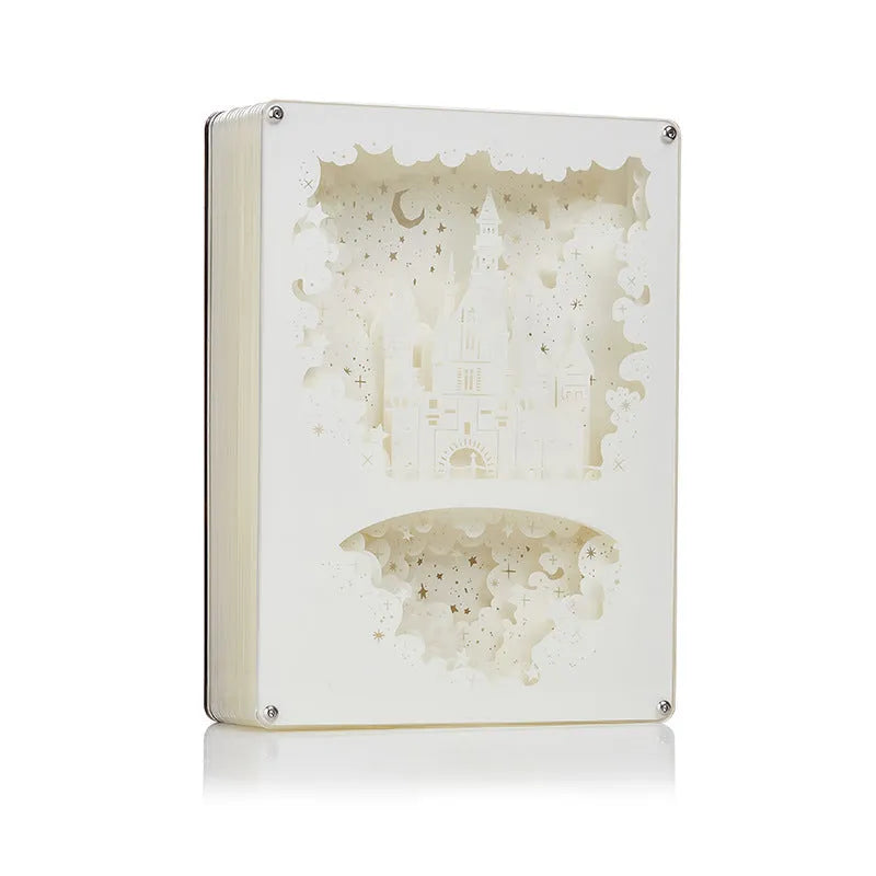 Modern bedside night light with three-dimensional paper carving design showing yellow illumination through ABS and acrylic frame