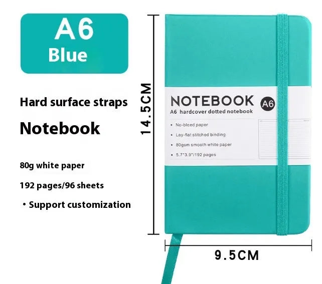 A5 soft touch PU leather notebook open on lined pages, shown in multiple colour options.