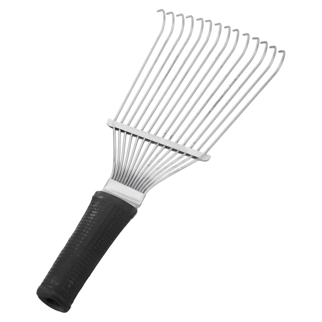 Black stainless steel animal grooming rake with curved teeth, 33 cm length