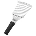 Black stainless steel animal grooming rake with curved teeth, 33 cm length