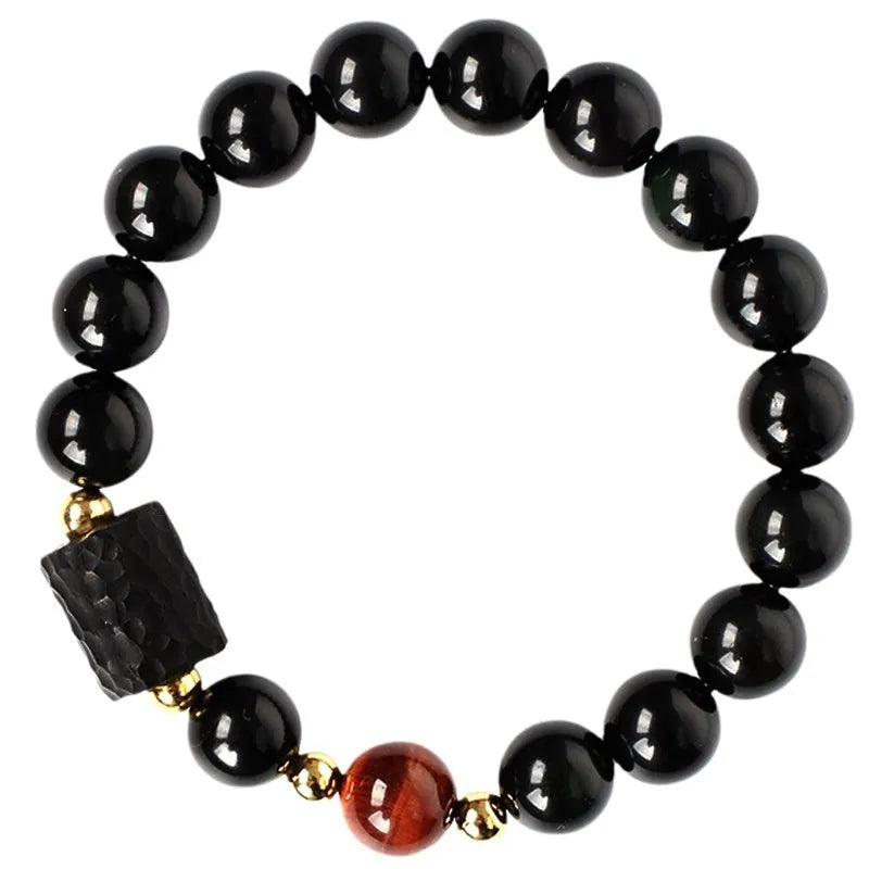 Obsidian bracelet with tiger eye beads in manual craftsmanship 10mm retro circle design